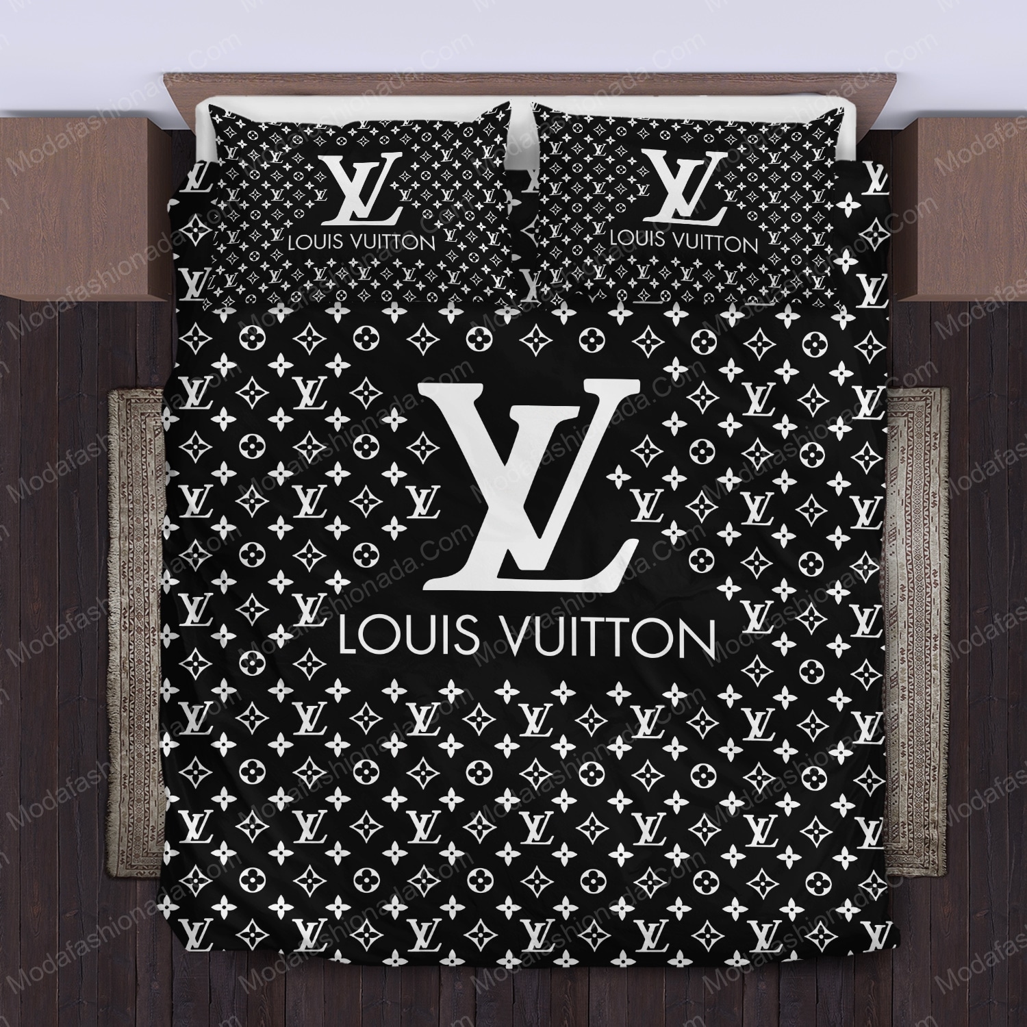 Louis Vuitton Big Logo In Black Monogram Background Comforter Bedding Set -  Mugteeco