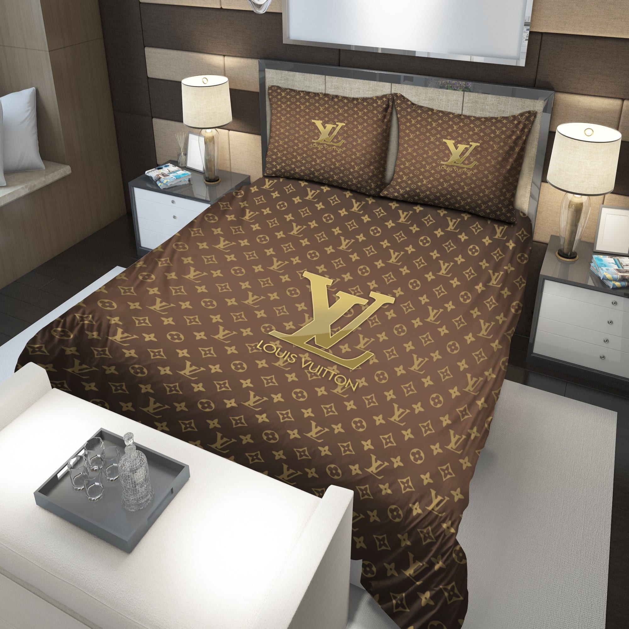 Louis Vuitton Basic Logo In Brown Background Bedding Set Queen