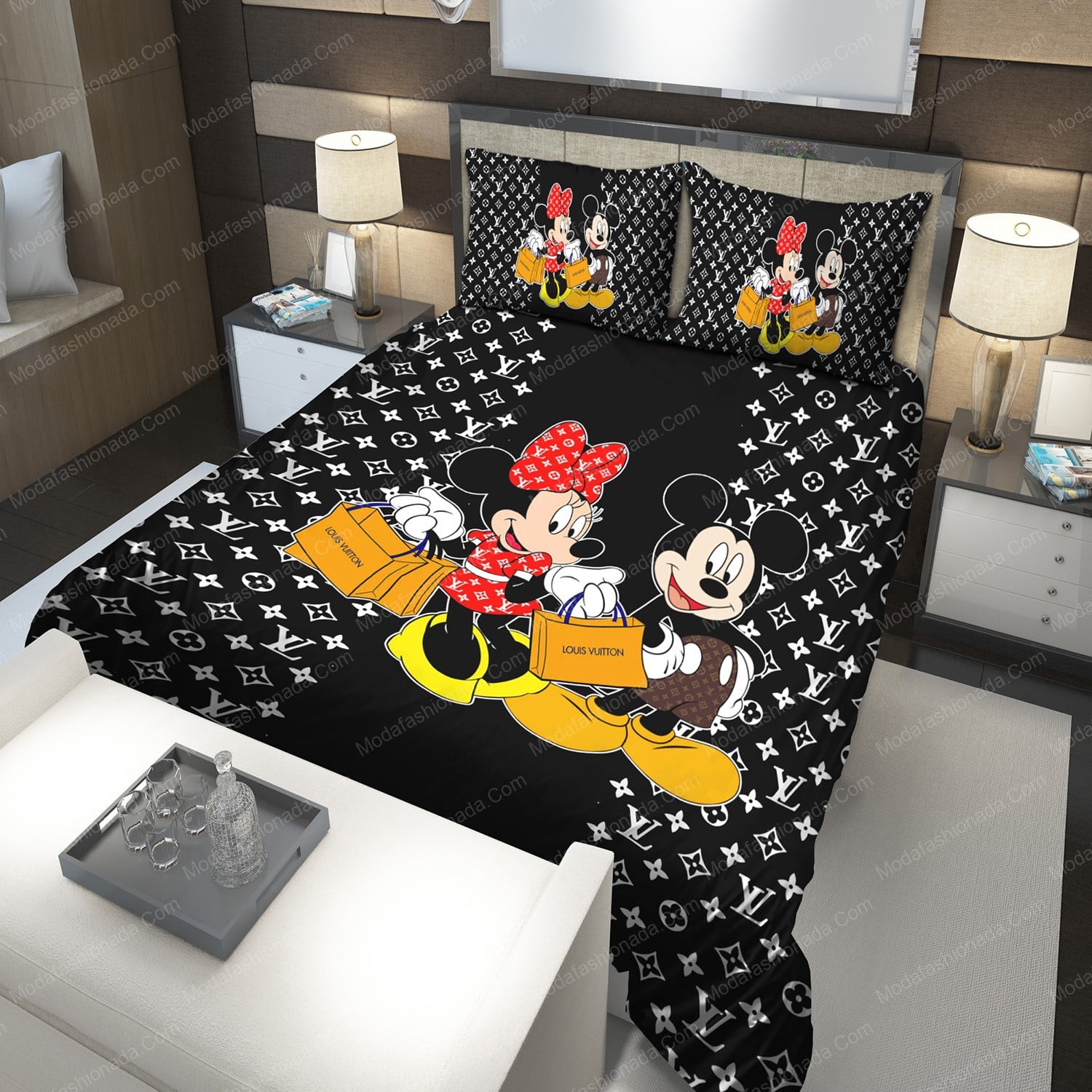 Louis Vuitton Mickey And Gucci Black Monogram Bedding Set - Tagotee