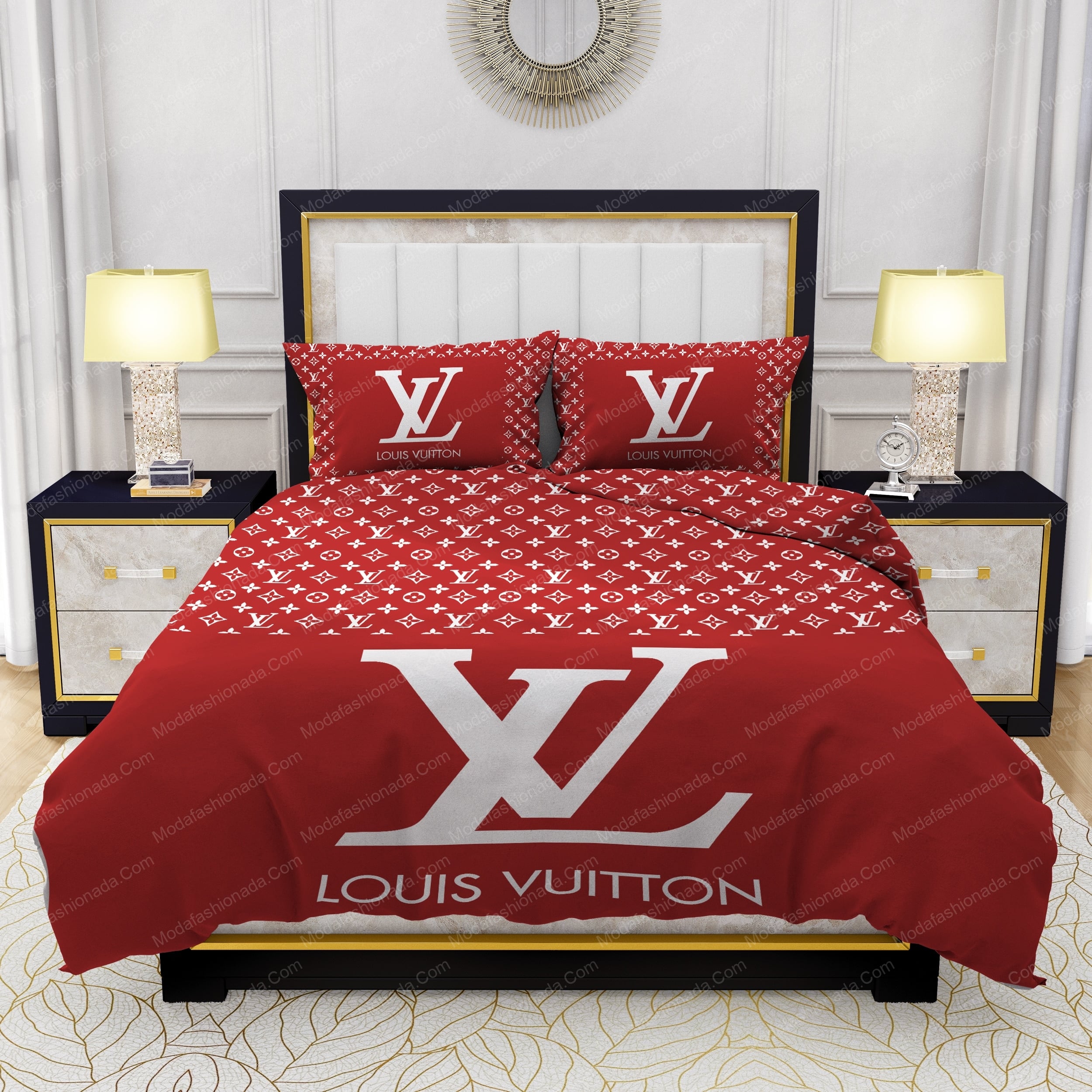 Red Background And White Pattern Louis Vuitton Bedding Sets - Modafashionada.Com