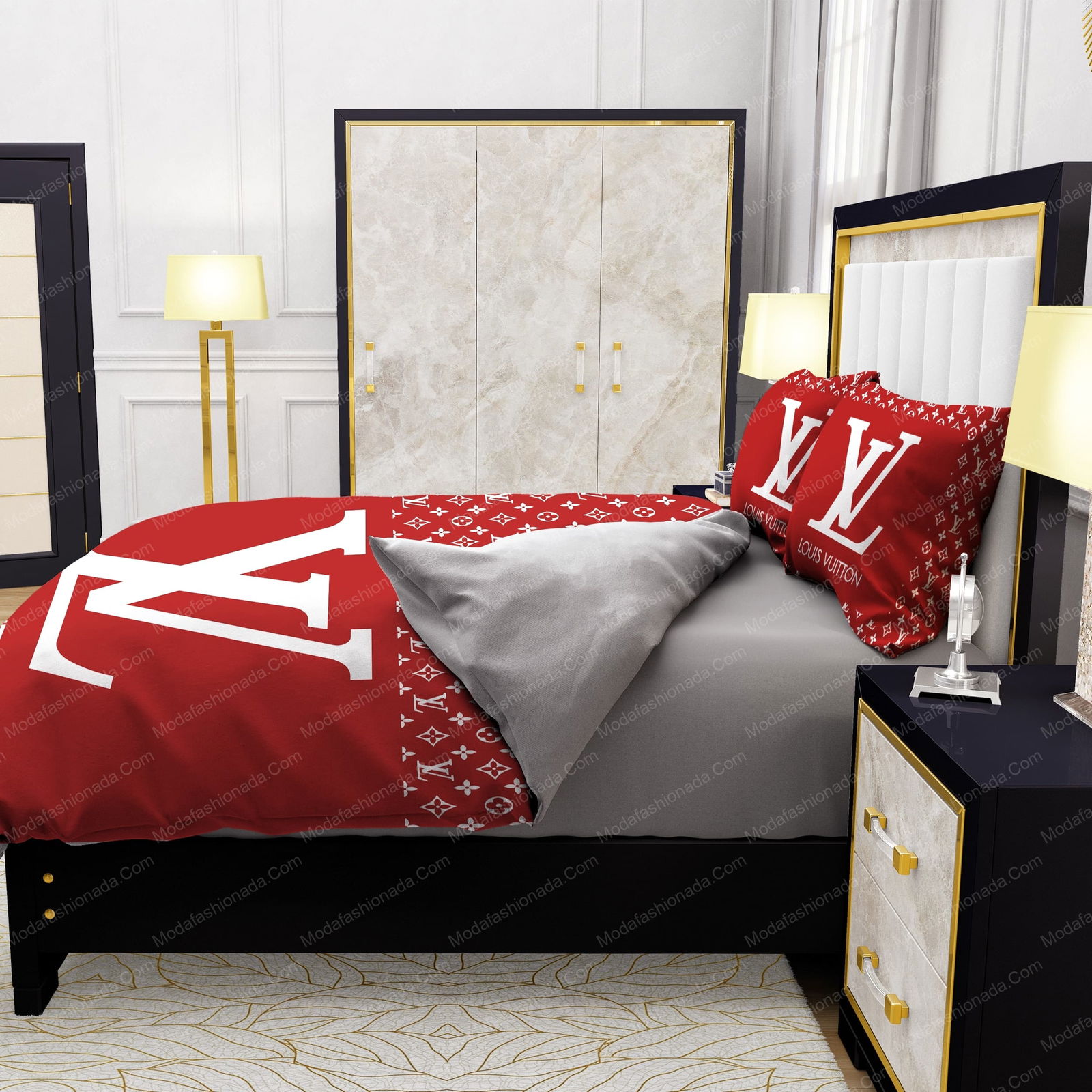 Red Background And White Pattern Bedroom Duvet Cover Louis Vuitton