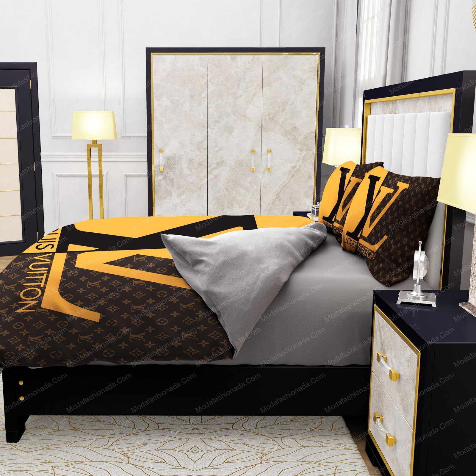 Yellow And Brown Background Louis Vuitton Bedding Set - Binteez