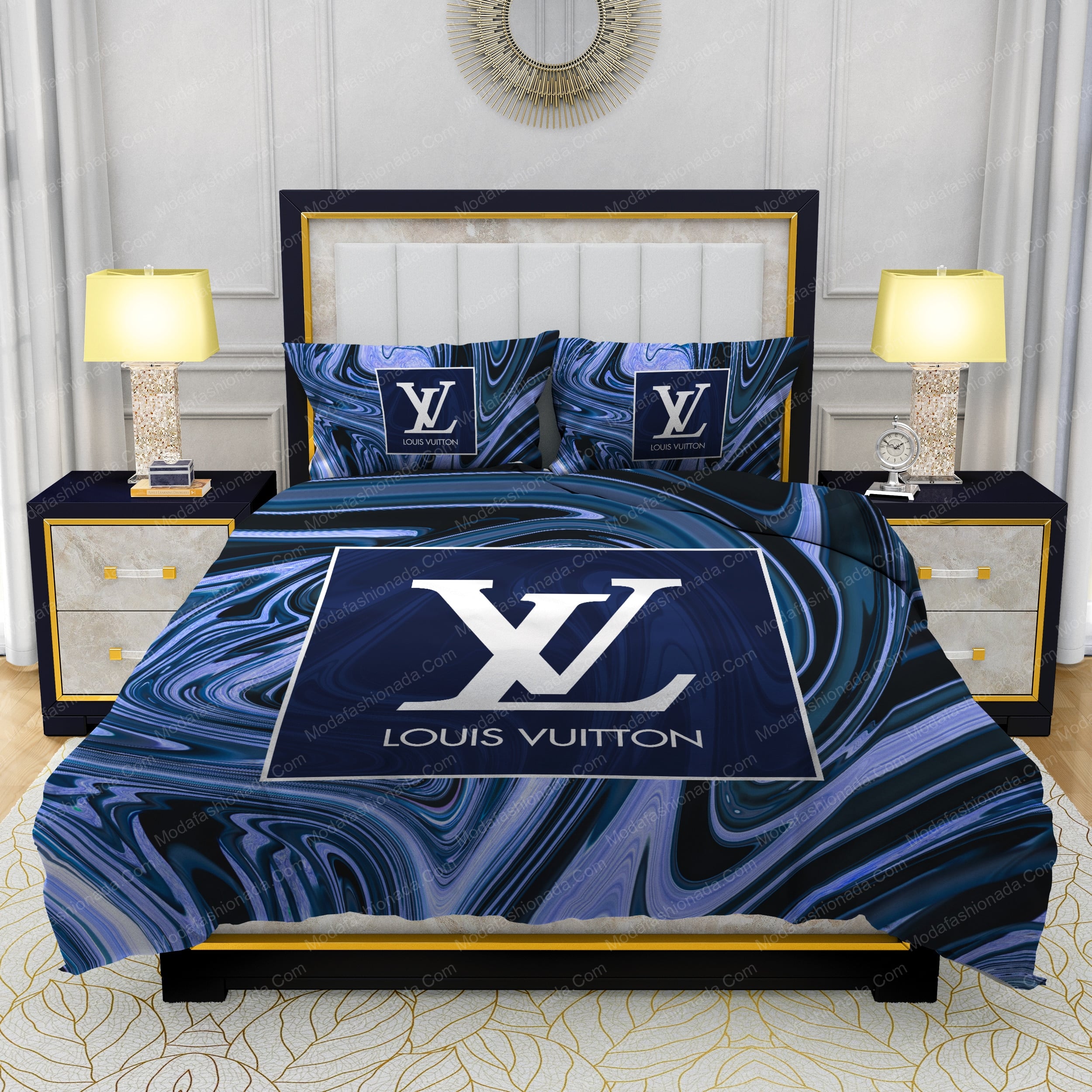 Louis Vuitton Blue Luxury Best Queen Bedding Set - Masteez